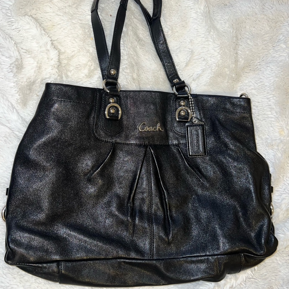 COACH Ashley Satchel Handbag Black Leather Purple Interior